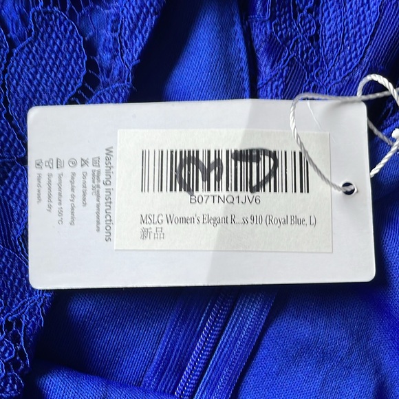 MSLG Sheath Blue Dress Lace Overlay Short Sleeves Croquette Scalloped Hem NWT Lg - Picture 10 of 11